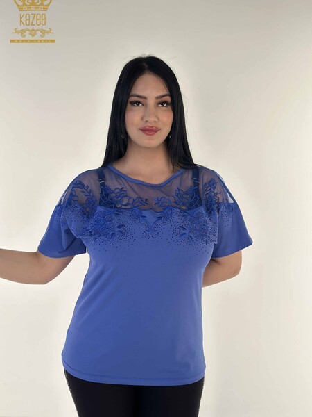 Toptan Kadın Bluz Tül Detaylı İndigo - 79453 | KAZEE 
