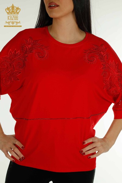 Toptan Kadın Bluz Tül Detaylı Kırmızı - 79051 | KAZEE - Thumbnail