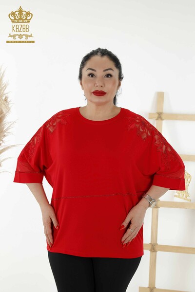 Toptan Kadın Bluz Tül Detaylı Kırmızı - 79065 | KAZEE - Thumbnail
