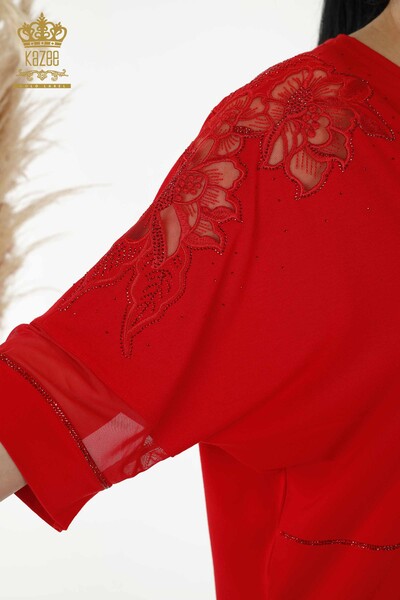 Toptan Kadın Bluz Tül Detaylı Kırmızı - 79065 | KAZEE - Thumbnail