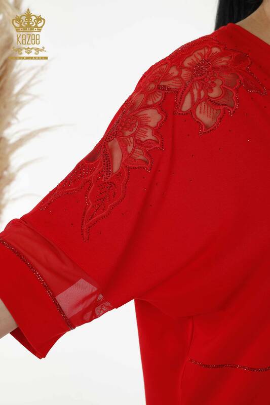 Toptan Kadın Bluz Tül Detaylı Kırmızı - 79065 | KAZEE