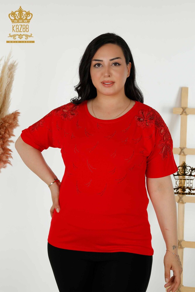 Toptan Kadın Bluz Tül Detaylı Kırmızı - 79086 | KAZEE - 1