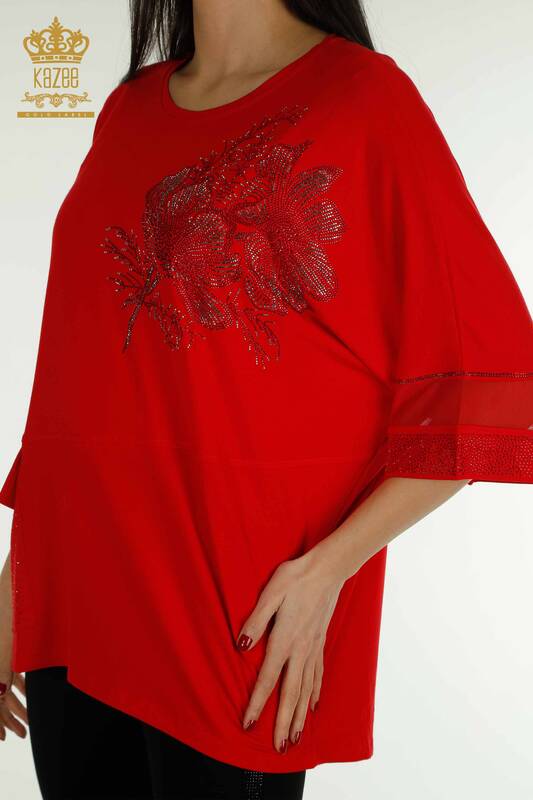 Toptan Kadın Bluz Tül Detaylı Kırmızı - 79298 | KAZEE