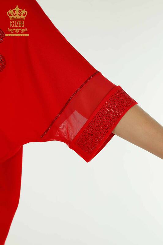 Toptan Kadın Bluz Tül Detaylı Kırmızı - 79298 | KAZEE