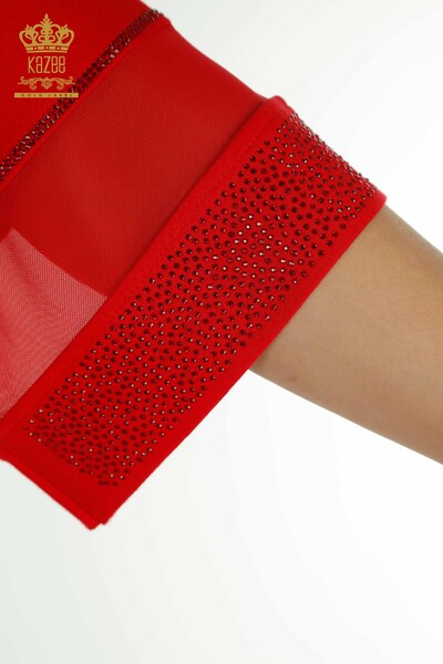 Toptan Kadın Bluz Tül Detaylı Kırmızı - 79298 | KAZEE - Thumbnail