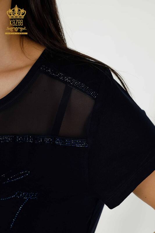 Toptan Kadın Bluz Tül Detaylı Lacivert - 78996 | KAZEE