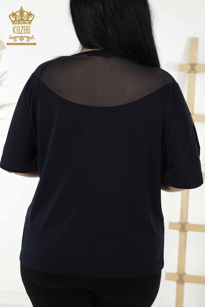 Toptan Kadın Bluz Tül Detaylı Lacivert - 79085 | KAZEE - Thumbnail