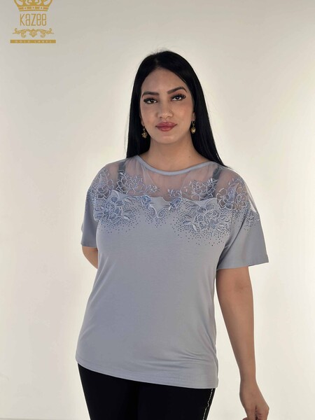 Toptan Kadın Bluz Tül Detaylı Mavi - 79453 | KAZEE 