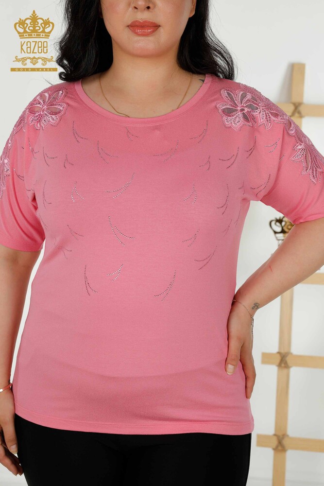 Toptan Kadın Bluz Tül Detaylı Pembe - 79086 | KAZEE - 2