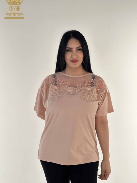 Toptan Kadın Bluz Tül Detaylı Pudra - 79453 | KAZEE 