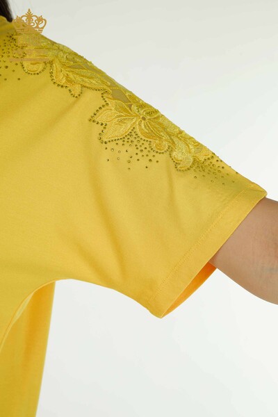 Toptan Kadın Bluz Tül Detaylı Safran - 79390 | KAZEE - Thumbnail