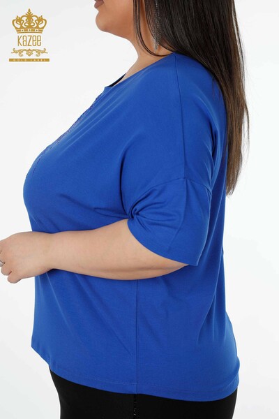 Toptan Kadın Bluz Tül Detaylı Saks - 78908 | KAZEE - Thumbnail