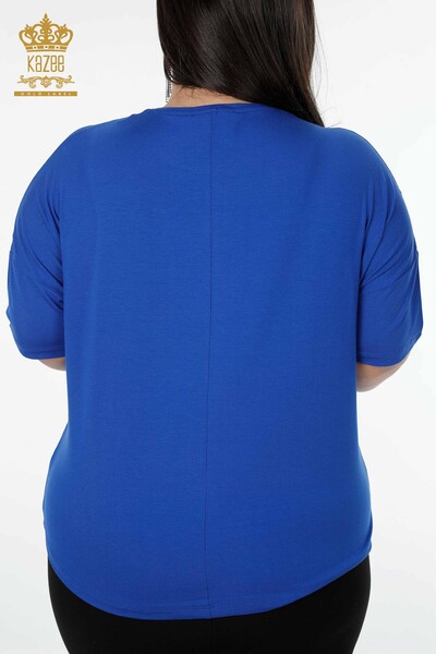Toptan Kadın Bluz Tül Detaylı Saks - 78908 | KAZEE - Thumbnail