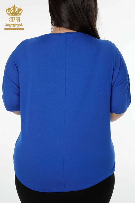 Toptan Kadın Bluz Tül Detaylı Saks - 78908 | KAZEE