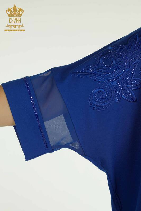 Toptan Kadın Bluz Tül Detaylı Saks - 79051 | KAZEE