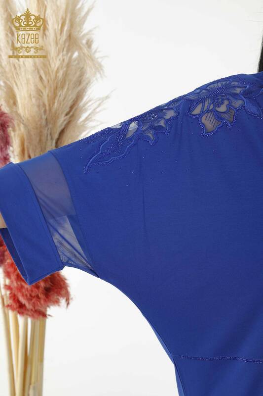 Toptan Kadın Bluz Tül Detaylı Saks - 79065 | KAZEE