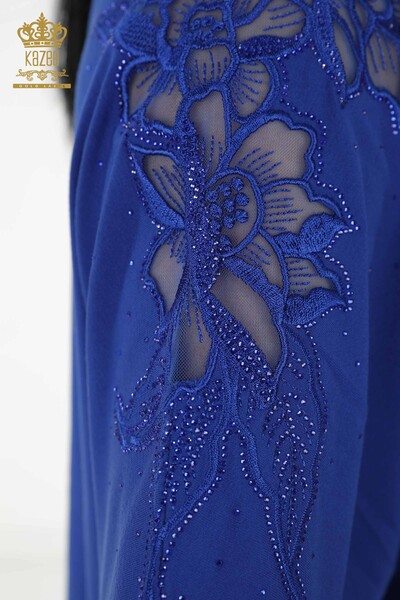 Toptan Kadın Bluz Tül Detaylı Saks - 79065 | KAZEE - Thumbnail