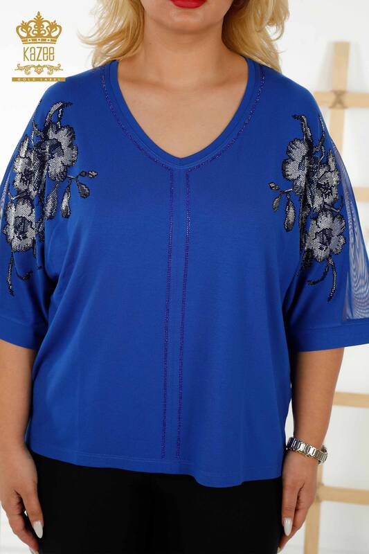 Toptan Kadın Bluz Tül Detaylı Saks - 79096 | KAZEE