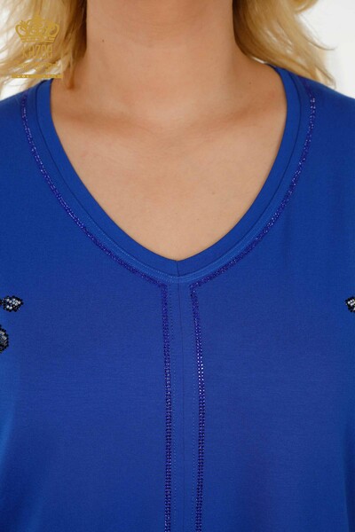 Toptan Kadın Bluz Tül Detaylı Saks - 79096 | KAZEE - Thumbnail
