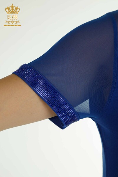 Toptan Kadın Bluz Tül Detaylı Saks - 79106 | KAZEE - Thumbnail