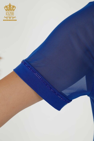 Toptan Kadın Bluz Tül Detaylı Saks - 79133 | KAZEE - Thumbnail