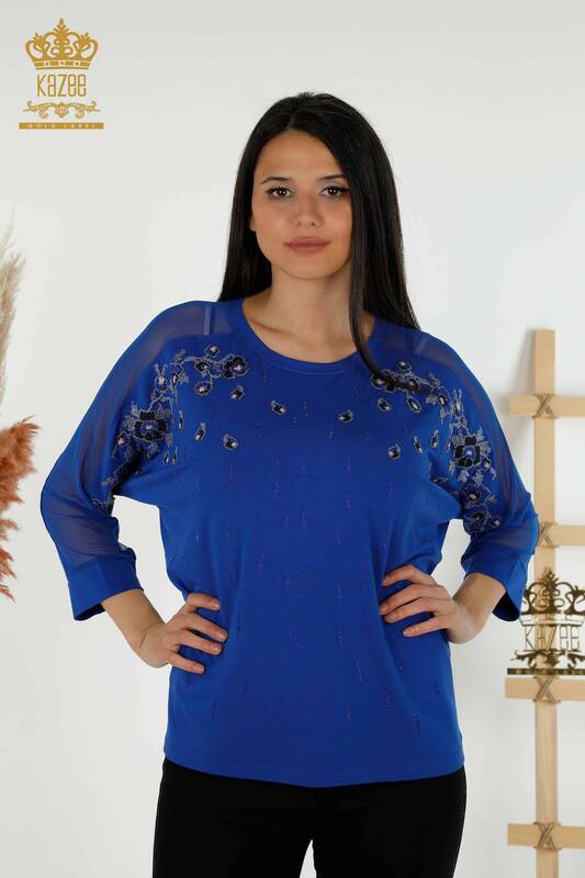 Toptan Kadın Bluz Tül Detaylı Saks - 79136 | KAZEE