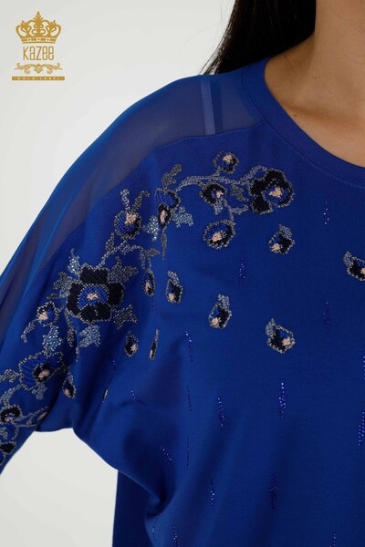 Toptan Kadın Bluz Tül Detaylı Saks - 79136 | KAZEE - Thumbnail
