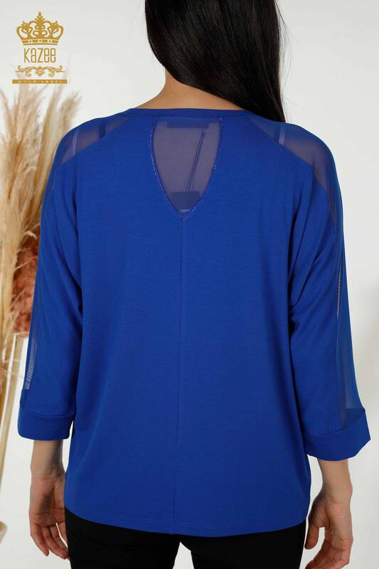Toptan Kadın Bluz Tül Detaylı Saks - 79136 | KAZEE