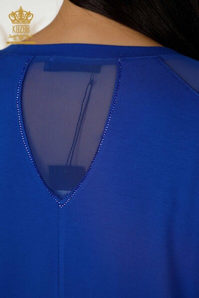 Toptan Kadın Bluz Tül Detaylı Saks - 79136 | KAZEE - Thumbnail