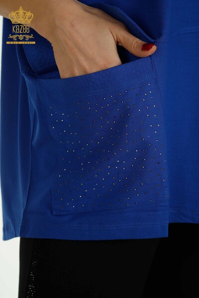 Toptan Kadın Bluz Tül Detaylı Saks - 79298 | KAZEE - Thumbnail