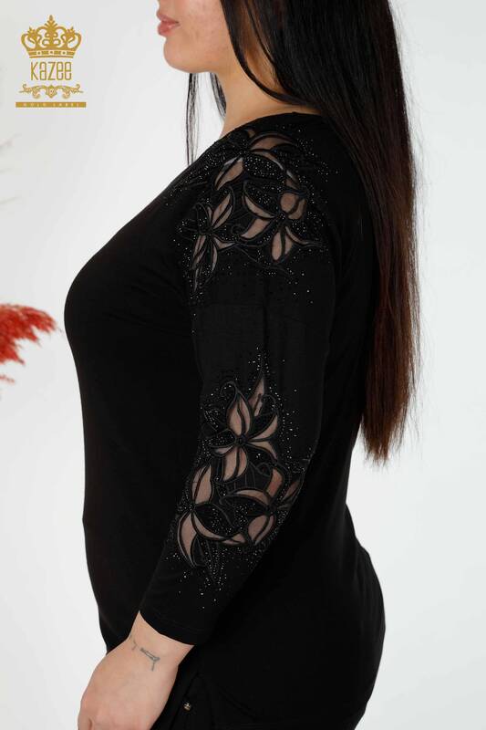 Toptan Kadın Bluz Tül Detaylı Siyah - 77963 | KAZEE