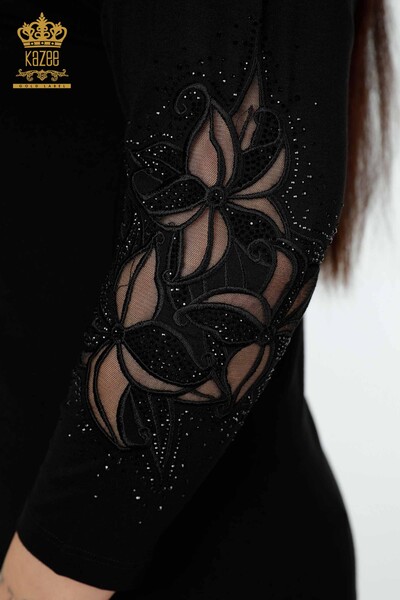 Toptan Kadın Bluz Tül Detaylı Siyah - 77963 | KAZEE - Thumbnail