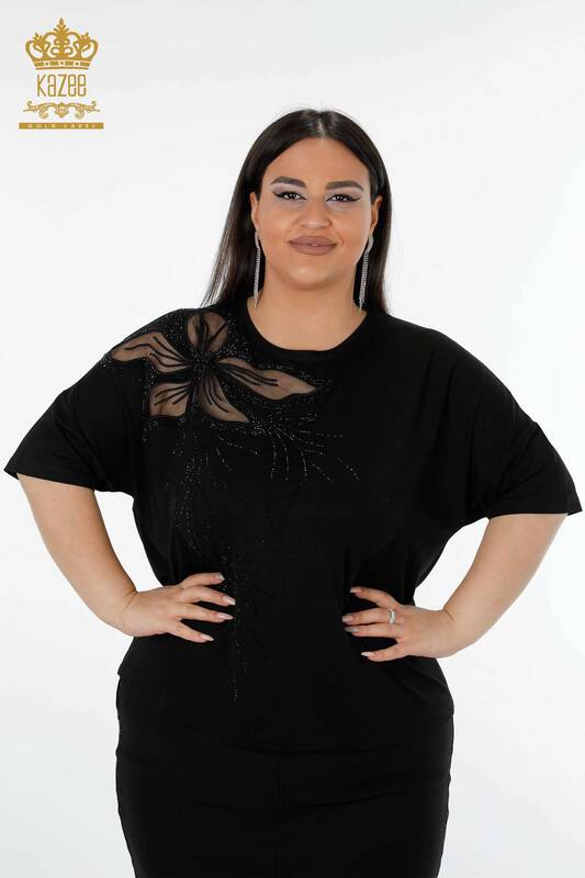 Toptan Kadın Bluz Tül Detaylı Siyah - 78908 | KAZEE