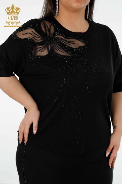 Toptan Kadın Bluz Tül Detaylı Siyah - 78908 | KAZEE - Thumbnail