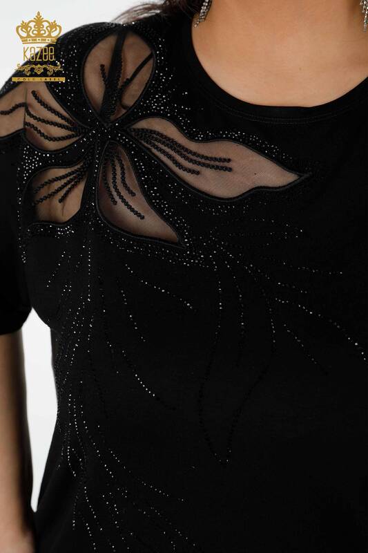 Toptan Kadın Bluz Tül Detaylı Siyah - 78908 | KAZEE