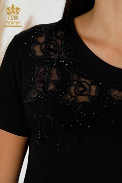 Toptan Kadın Bluz Tül Detaylı Siyah - 78927 | KAZEE - Thumbnail