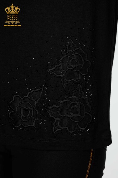 Toptan Kadın Bluz Tül Detaylı Siyah - 78927 | KAZEE - Thumbnail