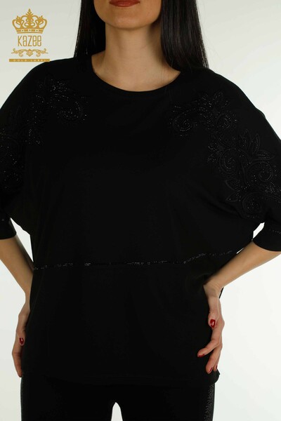 Toptan Kadın Bluz Tül Detaylı Siyah - 79051 | KAZEE - Thumbnail