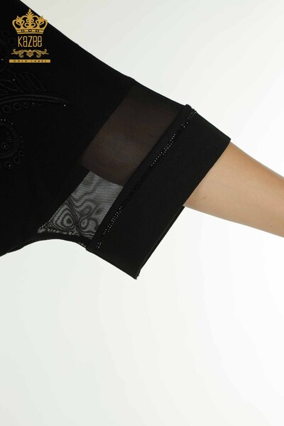 Toptan Kadın Bluz Tül Detaylı Siyah - 79051 | KAZEE - Thumbnail