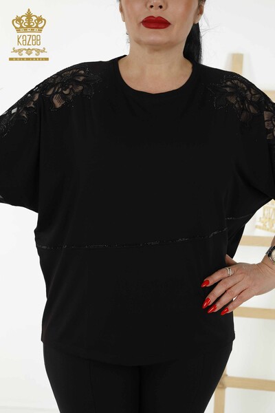 Toptan Kadın Bluz Tül Detaylı Siyah - 79065 | KAZEE - Thumbnail
