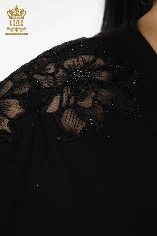Toptan Kadın Bluz Tül Detaylı Siyah - 79065 | KAZEE