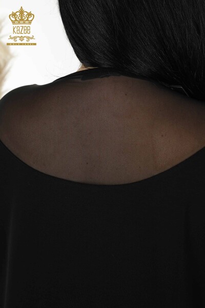 Toptan Kadın Bluz Tül Detaylı Siyah - 79085 | KAZEE - Thumbnail