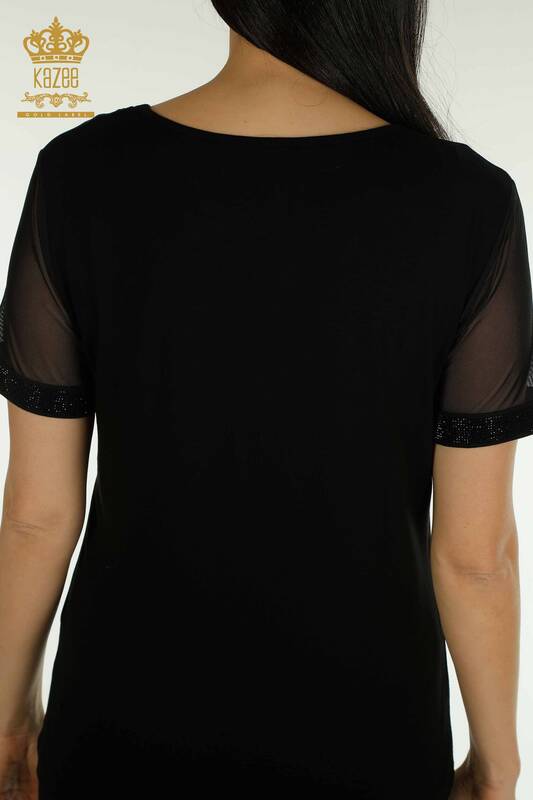 Toptan Kadın Bluz Tül Detaylı Siyah - 79106 | KAZEE