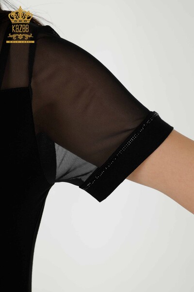 Toptan Kadın Bluz Tül Detaylı Siyah - 79133 | KAZEE - Thumbnail