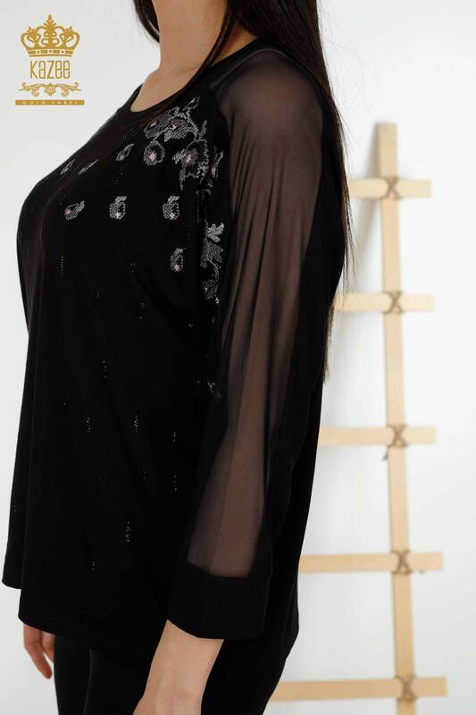 Toptan Kadın Bluz Tül Detaylı Siyah - 79136 | KAZEE