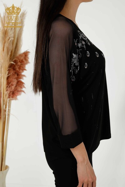 Toptan Kadın Bluz Tül Detaylı Siyah - 79136 | KAZEE - Thumbnail