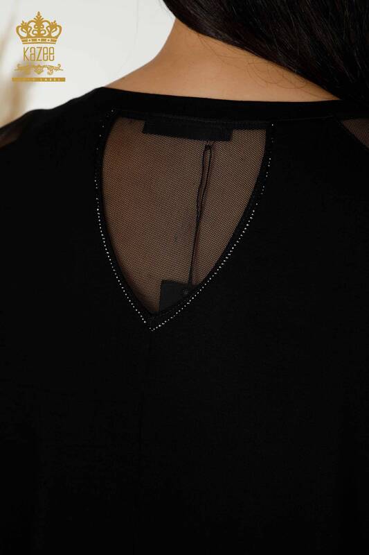 Toptan Kadın Bluz Tül Detaylı Siyah - 79136 | KAZEE
