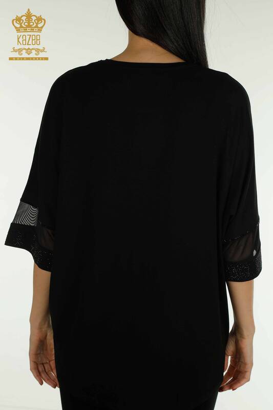 Toptan Kadın Bluz Tül Detaylı Siyah - 79298 | KAZEE