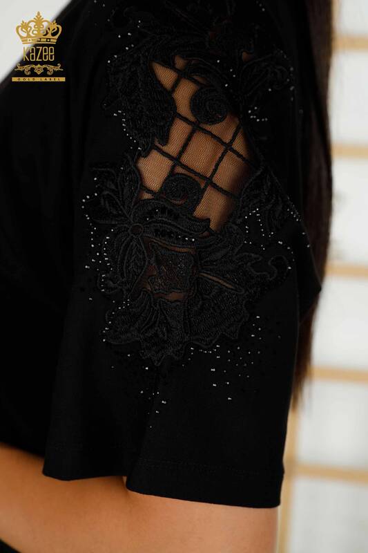 Toptan Kadın Bluz Tül Detaylı Siyah - 79390 | KAZEE