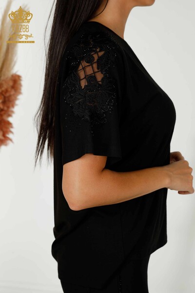 Toptan Kadın Bluz Tül Detaylı Siyah - 79390 | KAZEE - Thumbnail